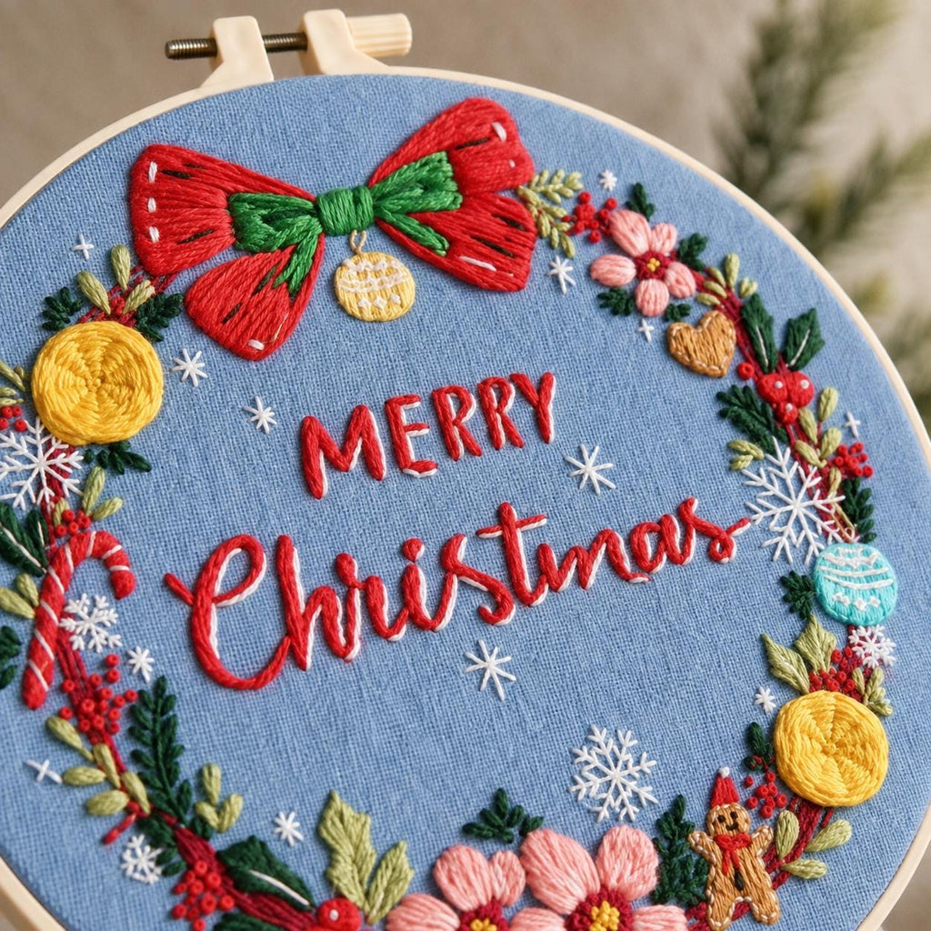 Christmas Wreath Embroidery Kit for Beginners, Merry Christmas DIY Hand Needlework Set, 20 cm Holiday Craft Gift for Adults