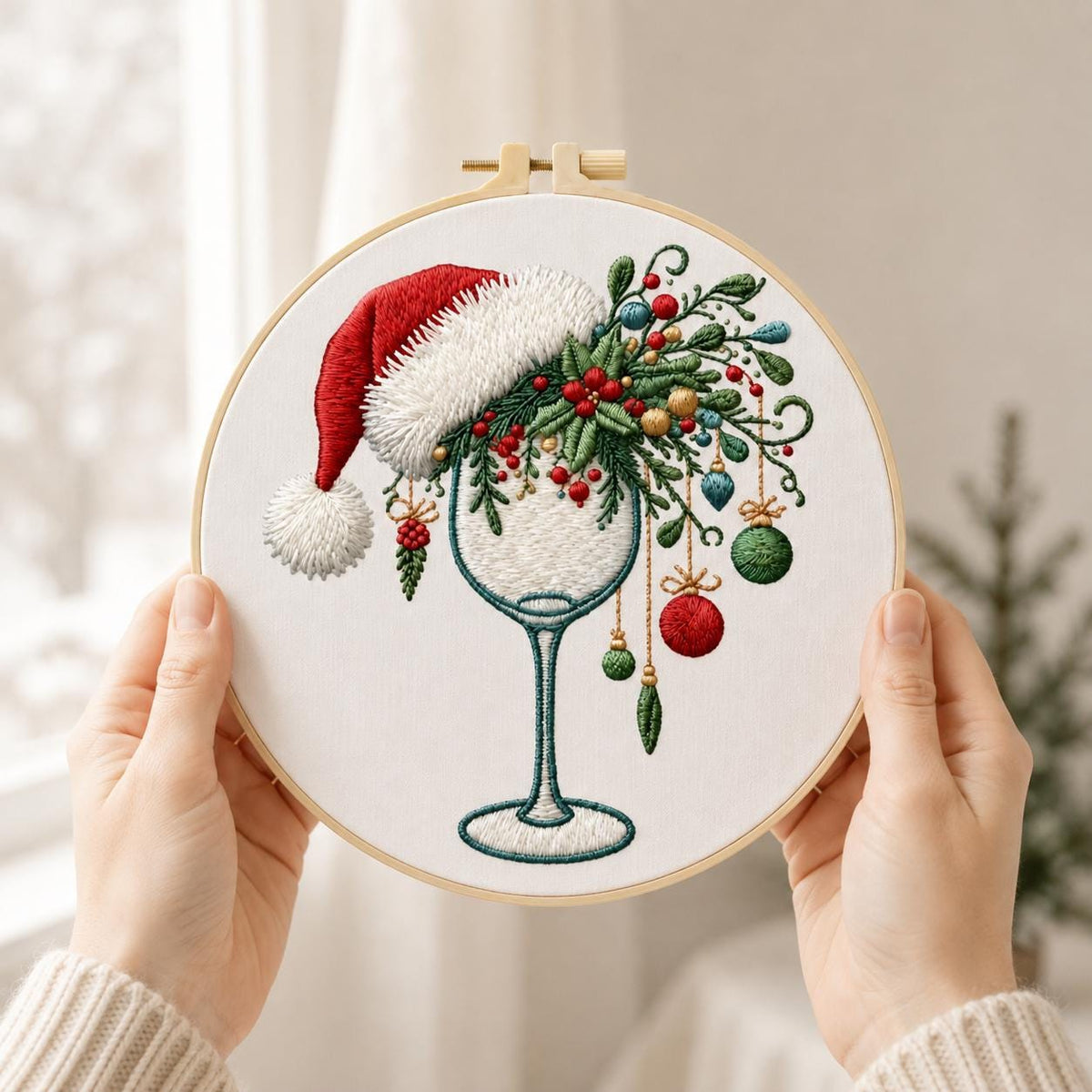 Christmas Embroidery Kit for Beginners, Santa Hat Wine Glass DIY Needlework Set, 15 or 20 cm Holiday Craft Gift for Adults