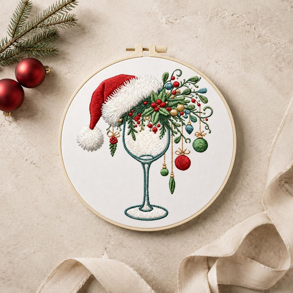 Christmas Embroidery Kit for Beginners, Santa Hat Wine Glass DIY Needlework Set, 15 or 20 cm Holiday Craft Gift for Adults