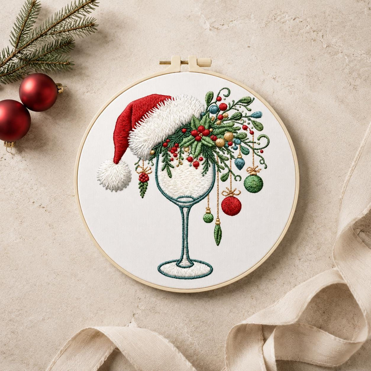 Christmas Embroidery Kit for Beginners, Santa Hat Wine Glass DIY Needlework Set, 15 or 20 cm Holiday Craft Gift for Adults