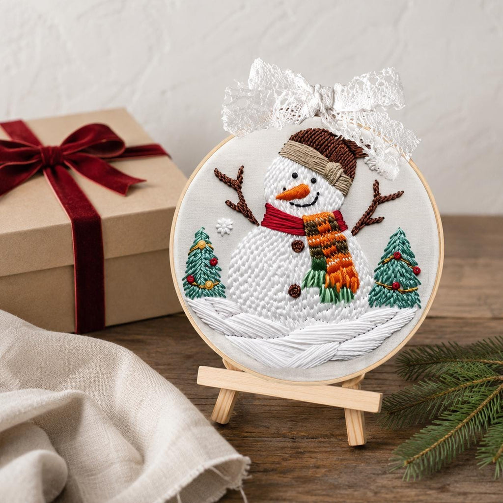 Snowman Embroidery Kit, 20 cm Christmas Hoop Art, Winter Scene DIY Craft