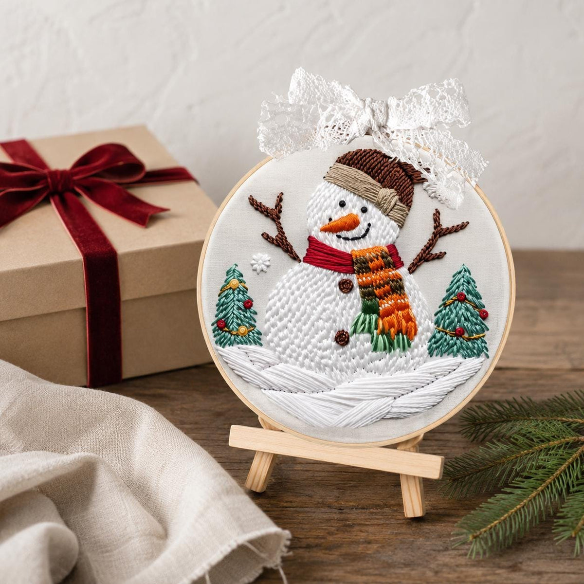 Snowman Embroidery Kit, 20 cm Christmas Hoop Art, Winter Scene DIY Craft