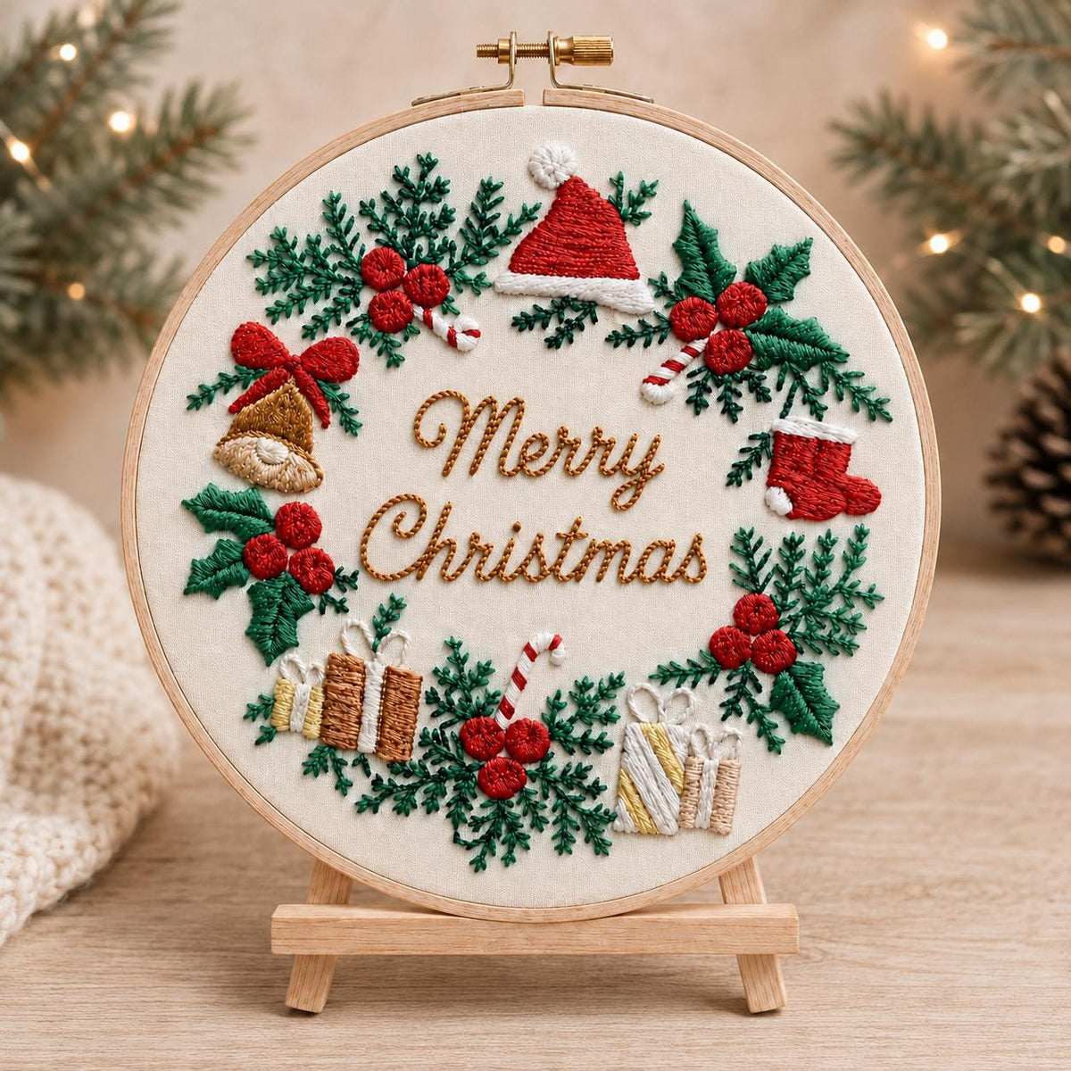Christmas Wreath Embroidery Kit, Merry Christmas Hoop Art, Beginner DIY Craft (20cm)