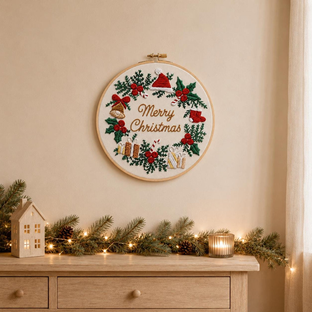 Christmas Wreath Embroidery Kit, Merry Christmas Hoop Art, Beginner DIY Craft (20cm)