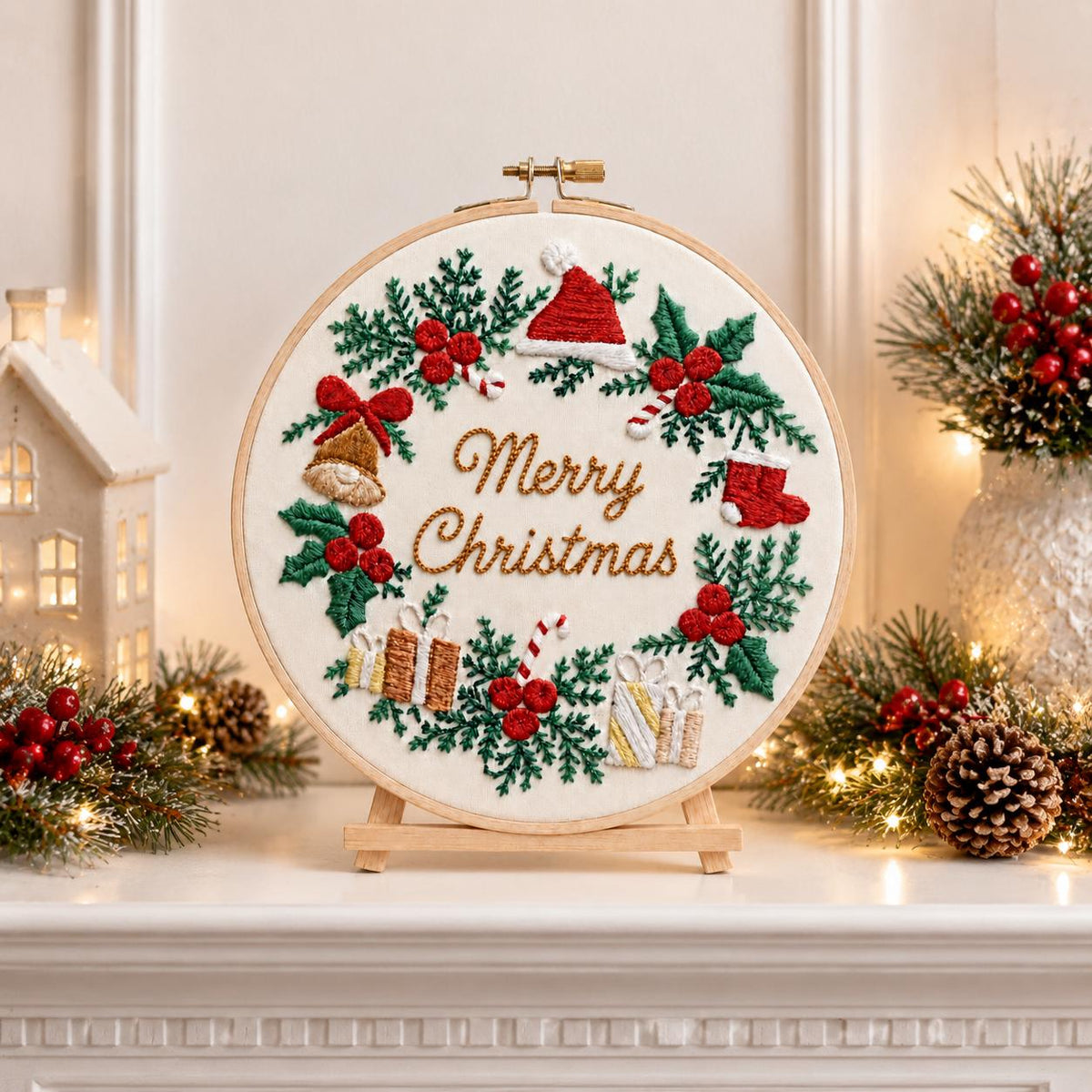 Christmas Wreath Embroidery Kit, Merry Christmas Hoop Art, Beginner DIY Craft (20cm)