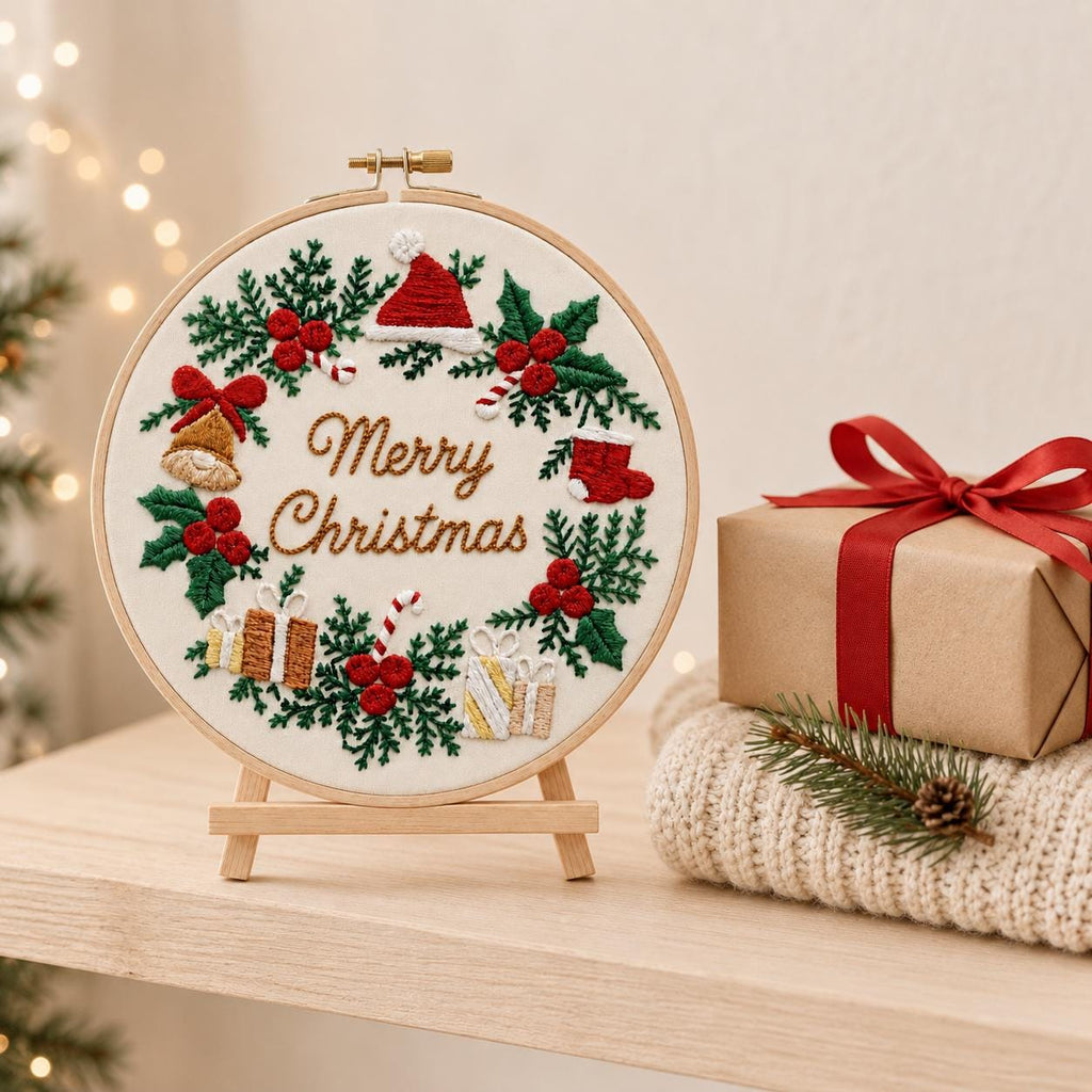 Christmas Wreath Embroidery Kit, Merry Christmas Hoop Art, Beginner DIY Craft (20cm)