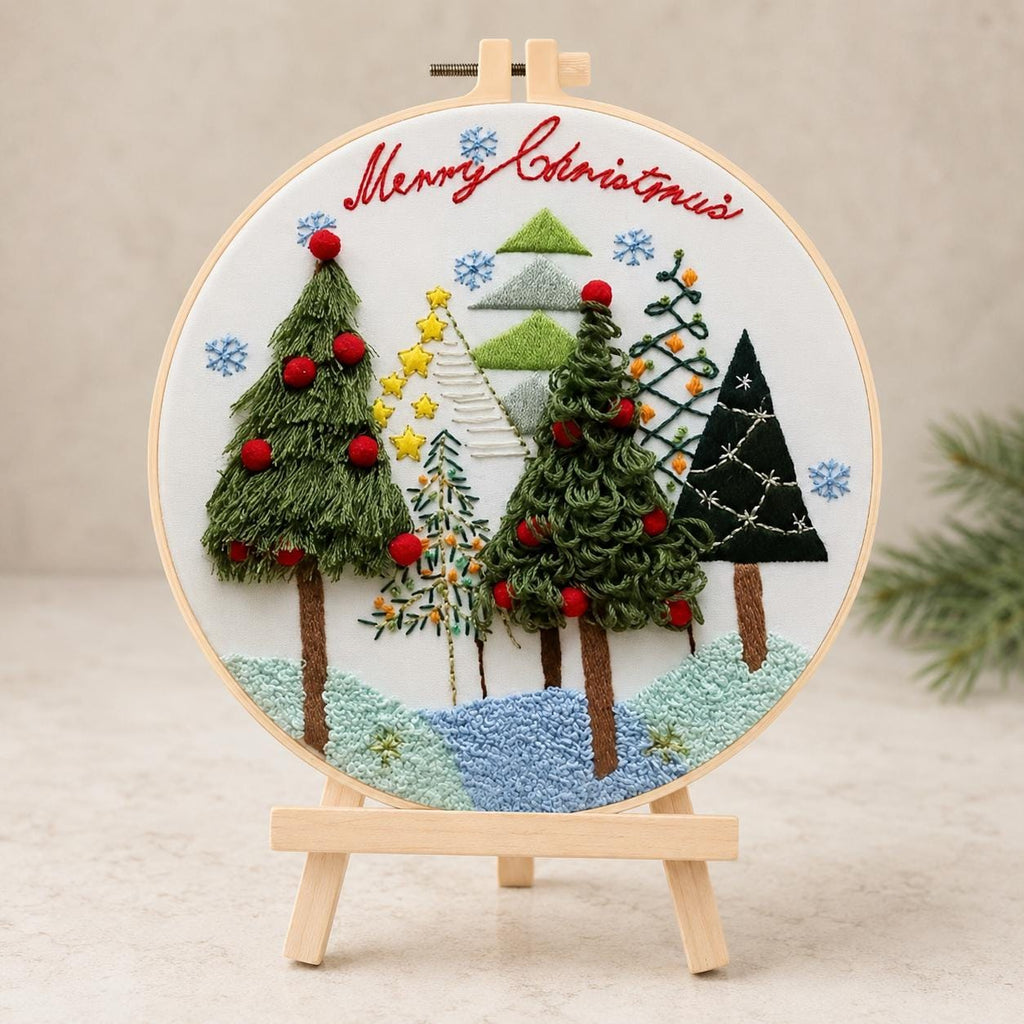 Christmas Tree Embroidery Kit for Beginners, Winter Forest DIY Needlework Set, 20 cm Holiday Craft Gift with English Instructions
