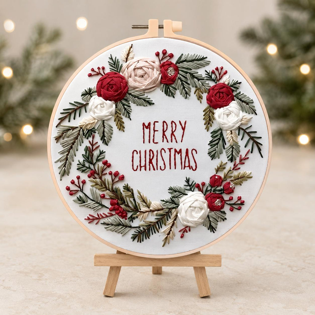 Christmas Wreath Embroidery Kit, Floral Merry Christmas Hoop Art (20 cm)