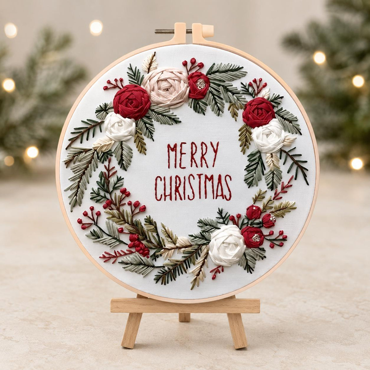 Christmas Wreath Embroidery Kit, Floral Merry Christmas Hoop Art (20 cm)