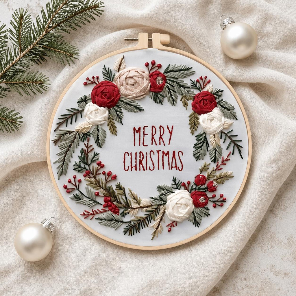 Christmas Wreath Embroidery Kit, Floral Merry Christmas Hoop Art (20 cm)