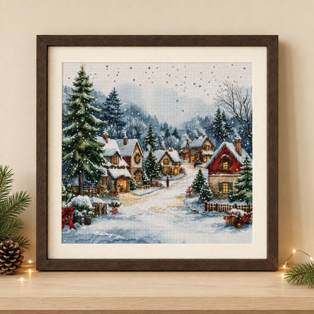 Stamped Winter Village Cross Stitch Kit, 40 x 40 cm Pre-Printed Canvas, 11CT or 14CT Christmas Needlework for Adults