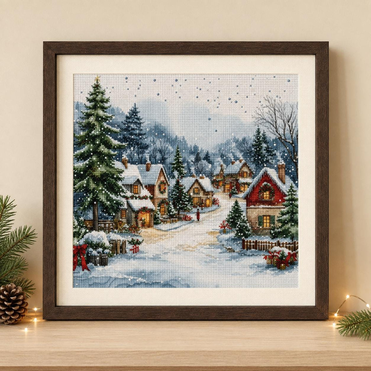 Stamped Winter Village Cross Stitch Kit, 40 x 40 cm Pre-Printed Canvas, 11CT or 14CT Christmas Needlework for Adults