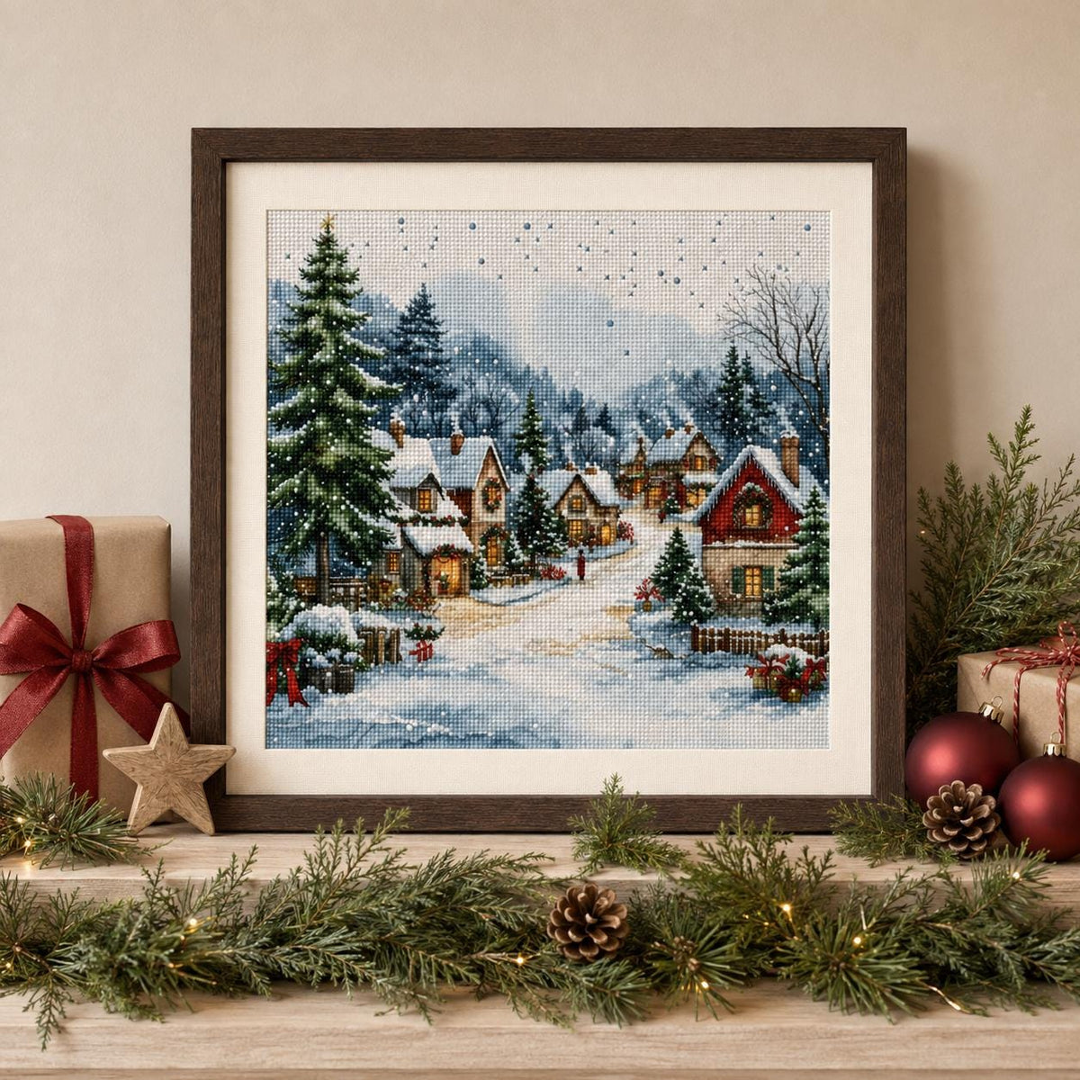 Stamped Winter Village Cross Stitch Kit, 40 x 40 cm Pre-Printed Canvas, 11CT or 14CT Christmas Needlework for Adults