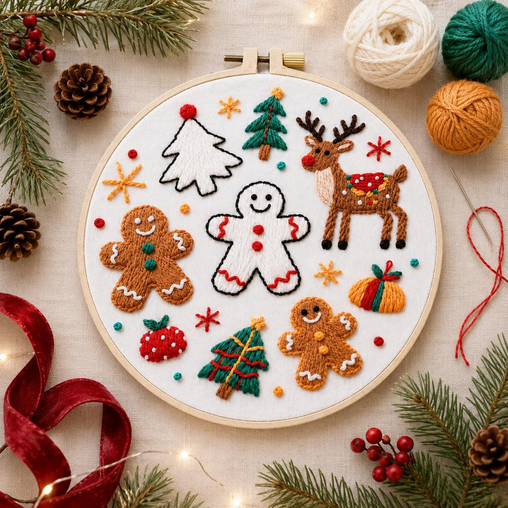 Christmas Embroidery Kit, Gingerbread Reindeer, Beginner DIY Needlework (15cm or 20cm)