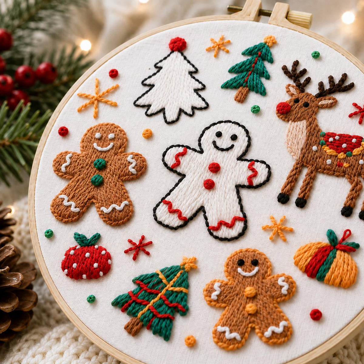 Christmas Embroidery Kit, Gingerbread Reindeer, Beginner DIY Needlework (15cm or 20cm)