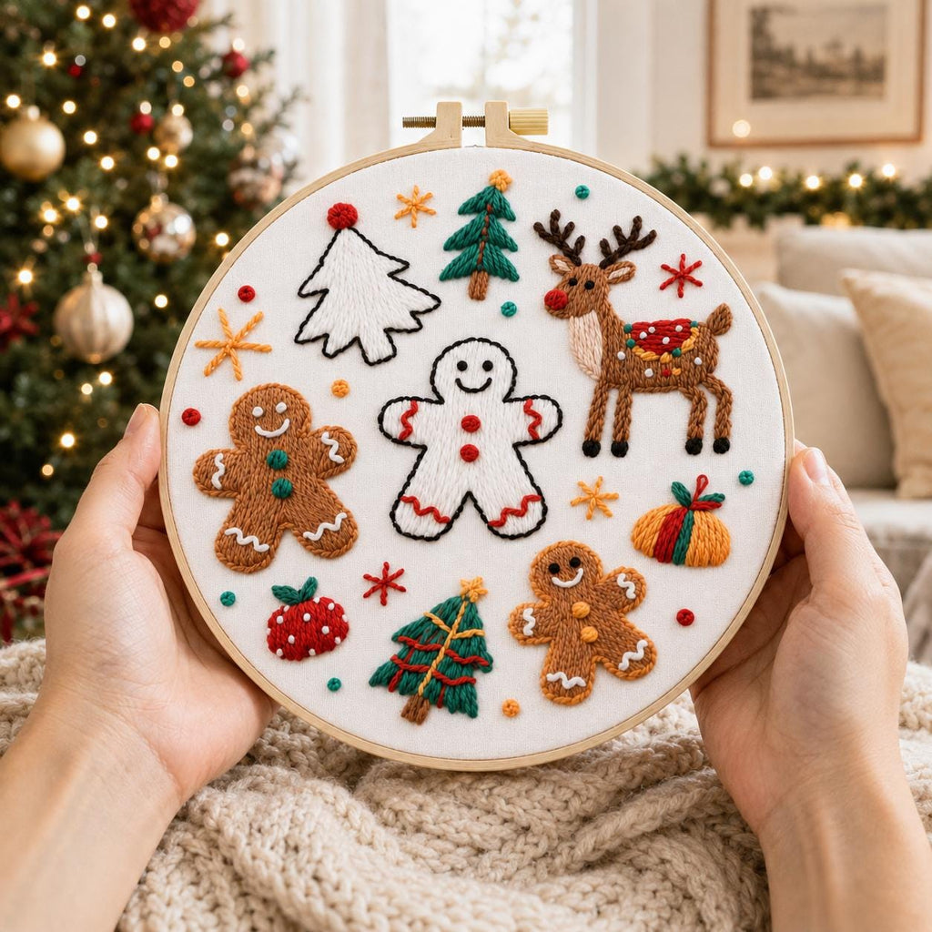 Christmas Embroidery Kit, Gingerbread Reindeer, Beginner DIY Needlework (15cm or 20cm)