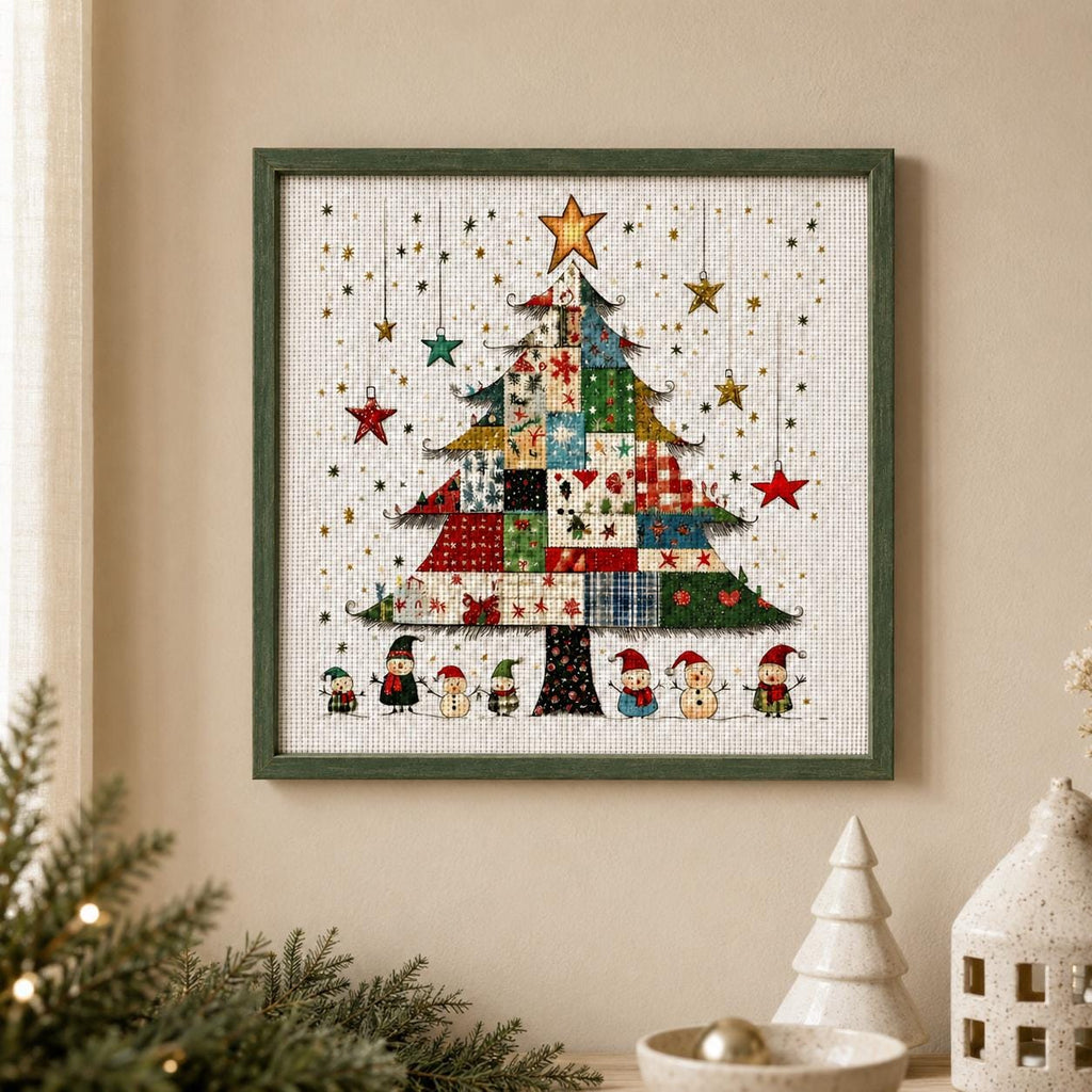 Stamped Christmas Tree Cross Stitch Kit, 40 x 40 cm, 11CT or 14CT Pre-Printed Canvas, Holiday Needlework Kit for Adults