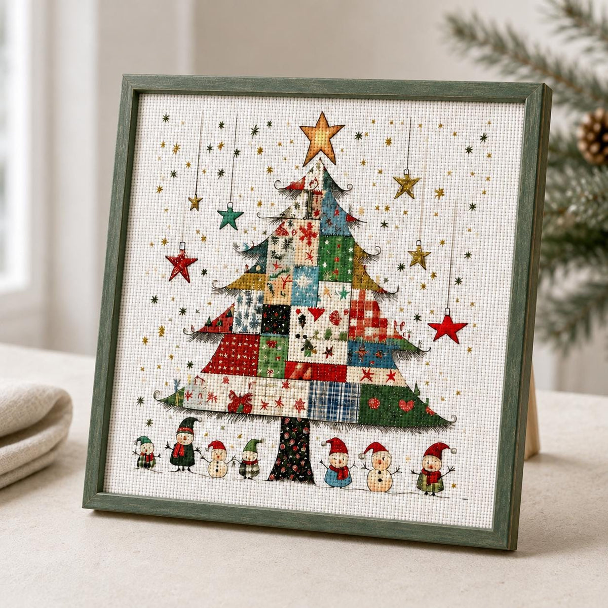 Stamped Christmas Tree Cross Stitch Kit, 40 x 40 cm, 11CT or 14CT Pre-Printed Canvas, Holiday Needlework Kit for Adults