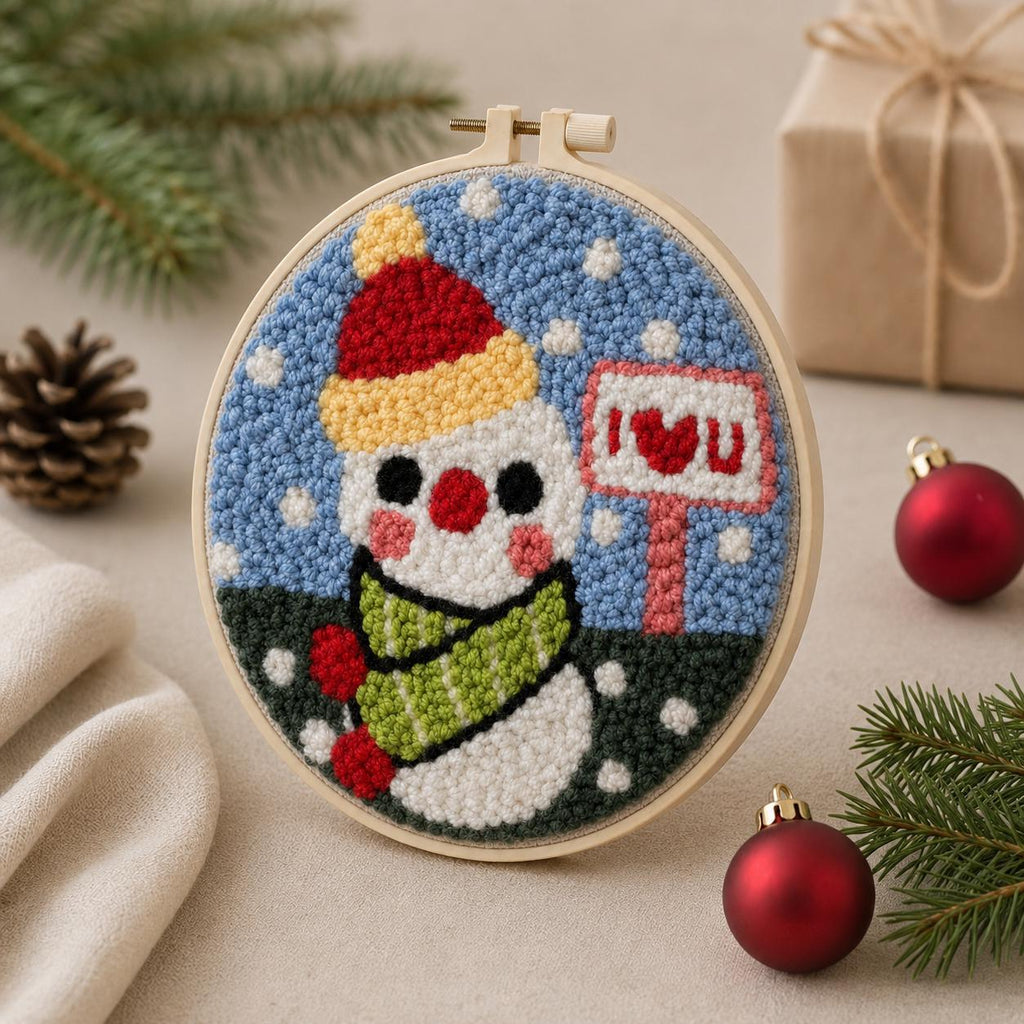 Snowman Punch Needle Kit, 20 cm Christmas Embroidery Hoop Art (DIY Starter Set)