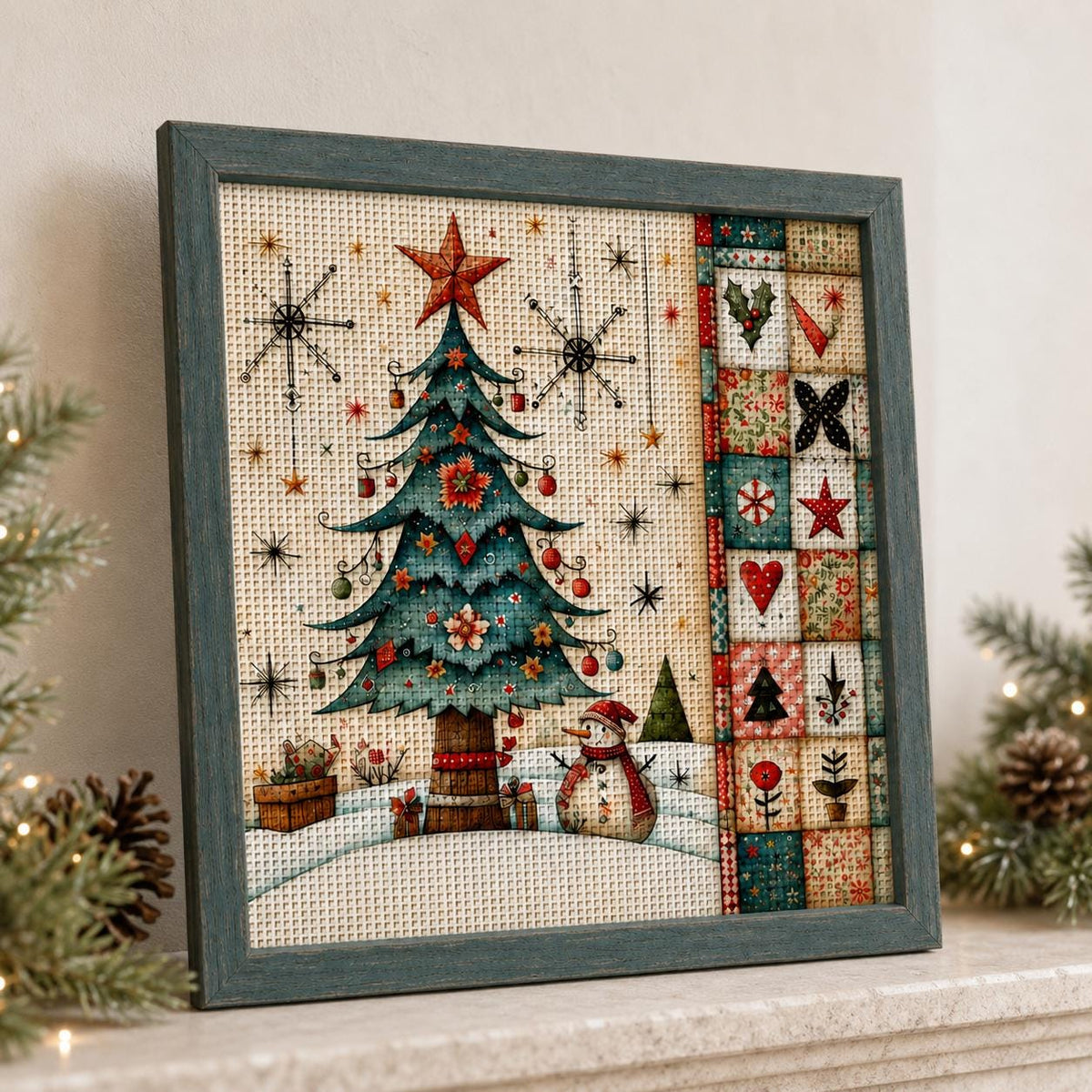 Stamped Christmas Tree Cross Stitch Kit, 30 x 30 cm Pre-Printed Canvas, 11CT or 14CT Winter Needlework for Adults