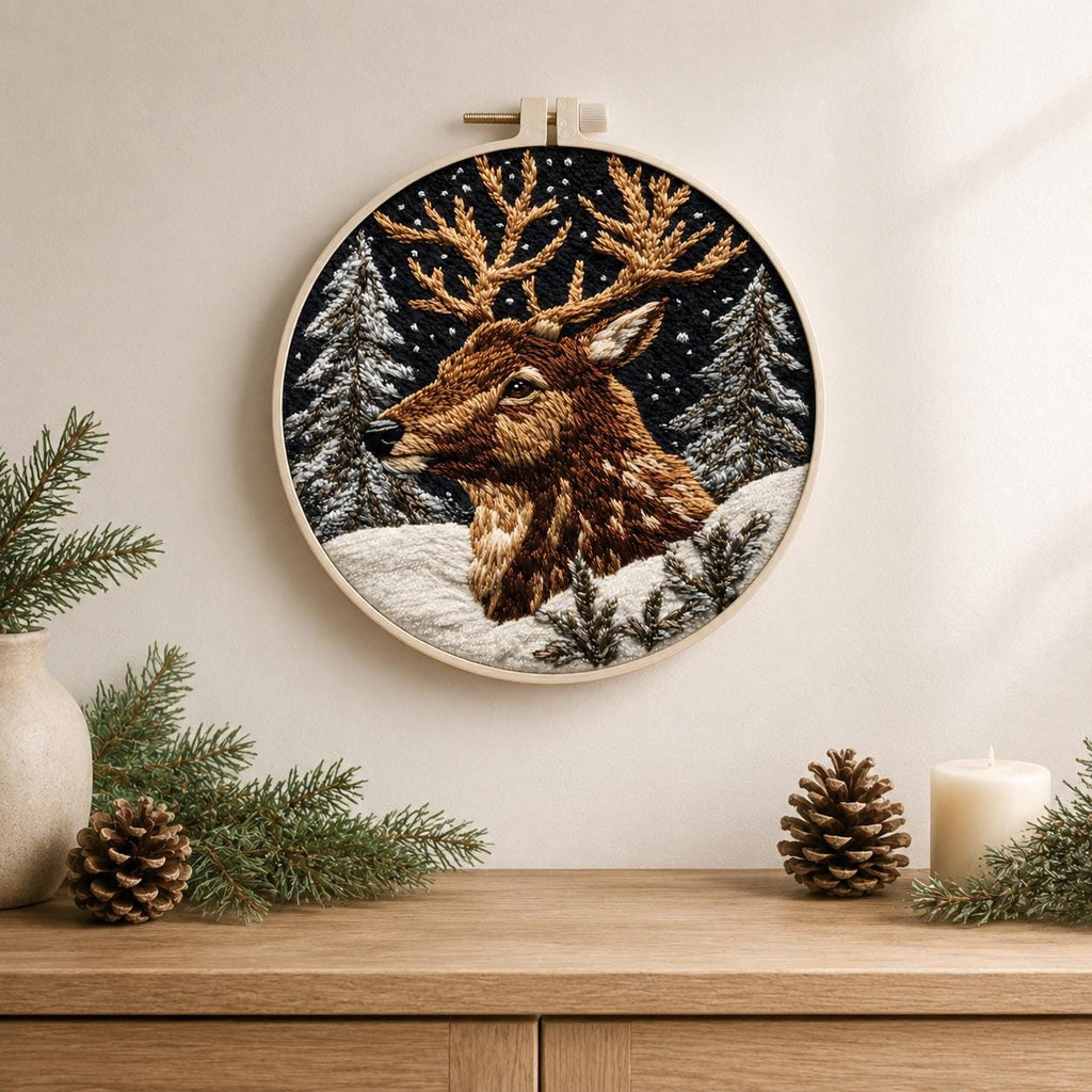 Christmas Deer Embroidery Kit, 15 cm Winter Stag Needlework Set (DIY Craft)