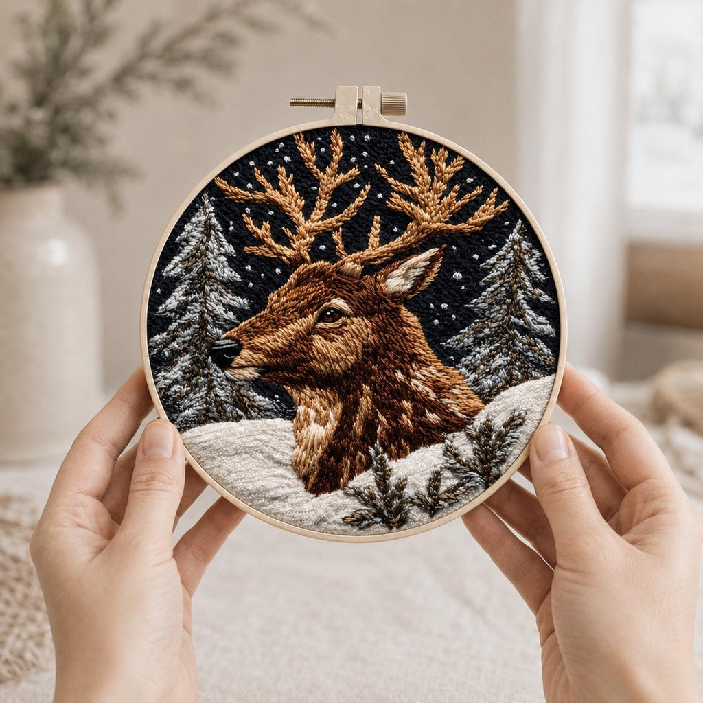 Christmas Deer Embroidery Kit, 15 cm Winter Stag Needlework Set (DIY Craft)