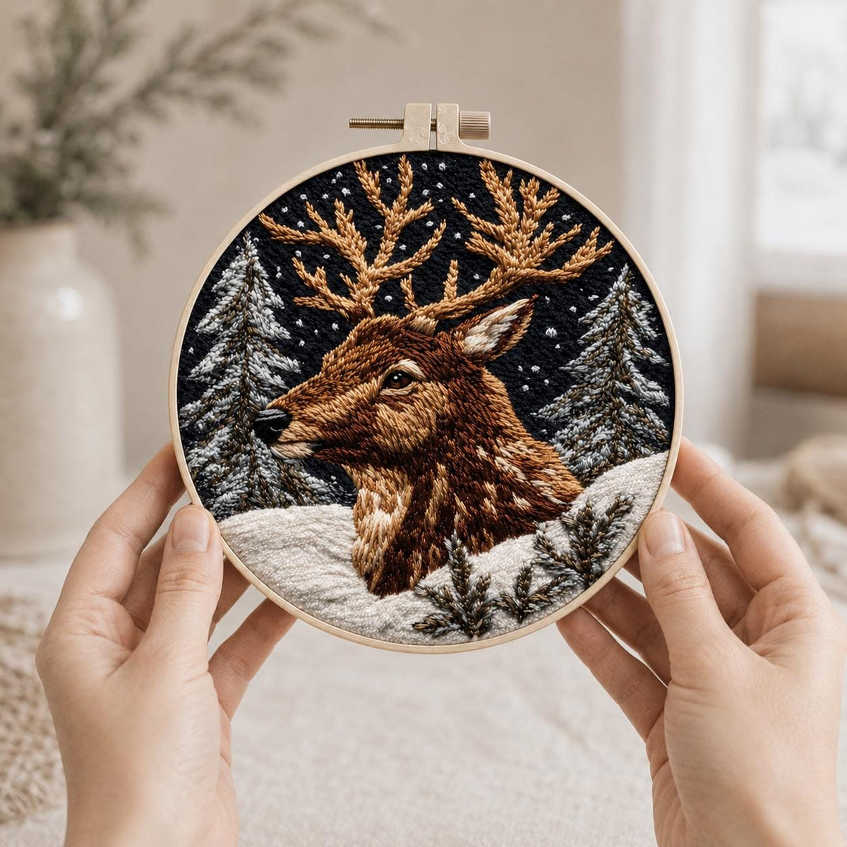 Christmas Deer Embroidery Kit, 15 cm Winter Stag Needlework Set (DIY Craft)