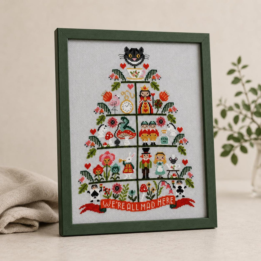 Wonderland Counted Cross Stitch Kit, 18CT Gray Cotton Fabric, Whimsical Storybook Sampler Needlework for Adults