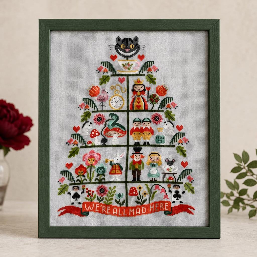 Wonderland Counted Cross Stitch Kit, 18CT Gray Cotton Fabric, Whimsical Storybook Sampler Needlework for Adults