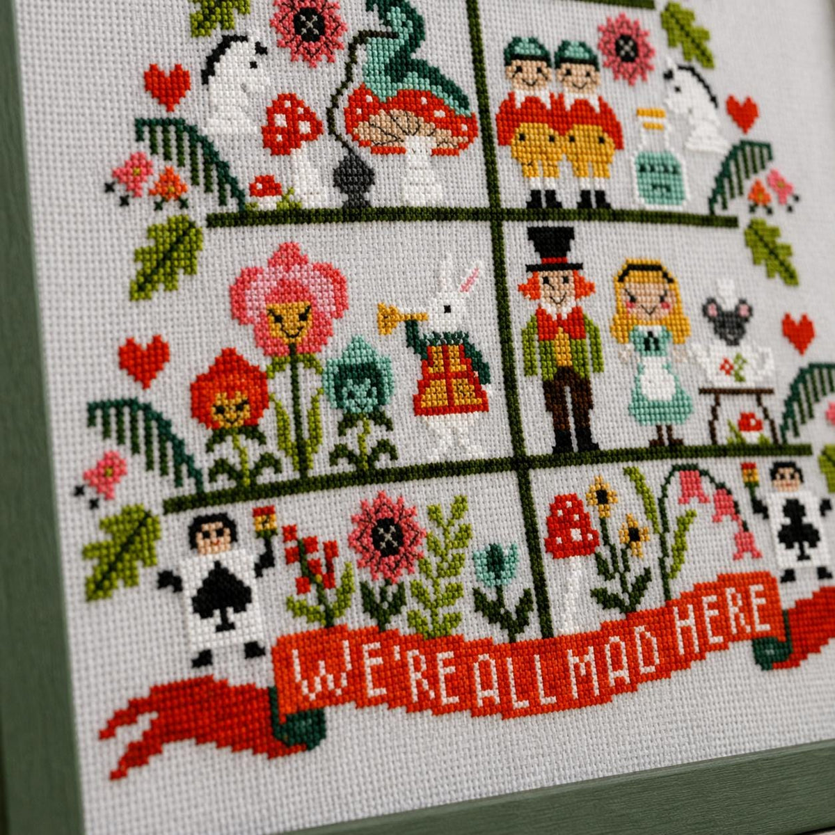 Wonderland Counted Cross Stitch Kit, 18CT Gray Cotton Fabric, Whimsical Storybook Sampler Needlework for Adults