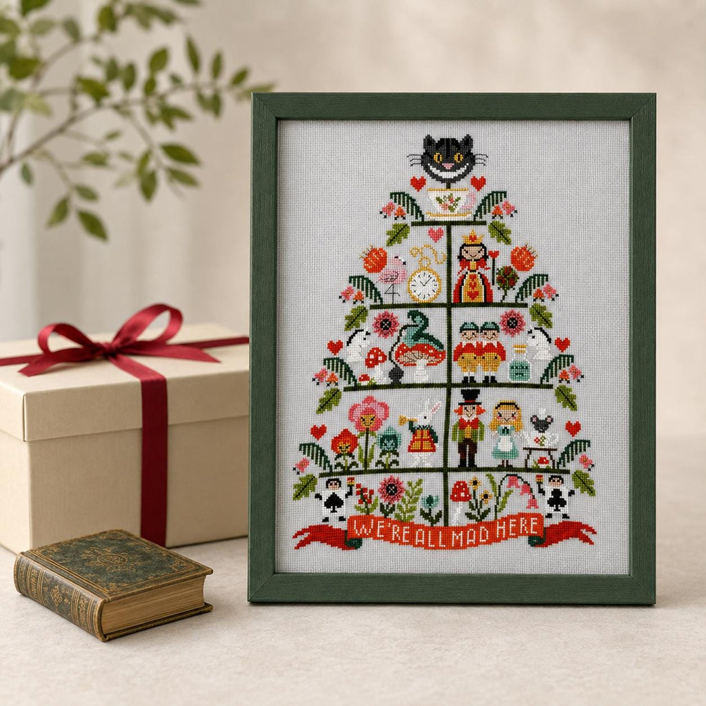 Wonderland Counted Cross Stitch Kit, 18CT Gray Cotton Fabric, Whimsical Storybook Sampler Needlework for Adults
