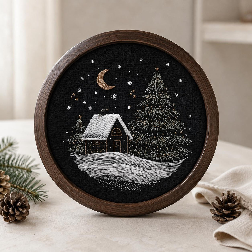 Winter Cabin Embroidery Kit, Snowy Forest Night Scene, Beginner DIY Needlework (20cm)
