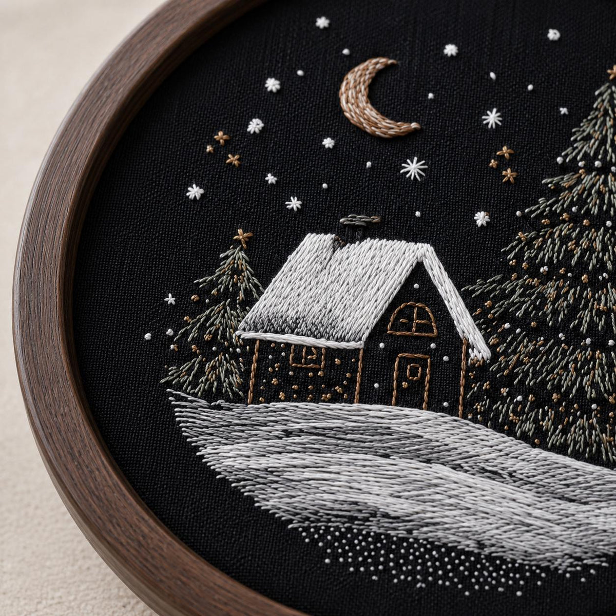 Winter Cabin Embroidery Kit, Snowy Forest Night Scene, Beginner DIY Needlework (20cm)