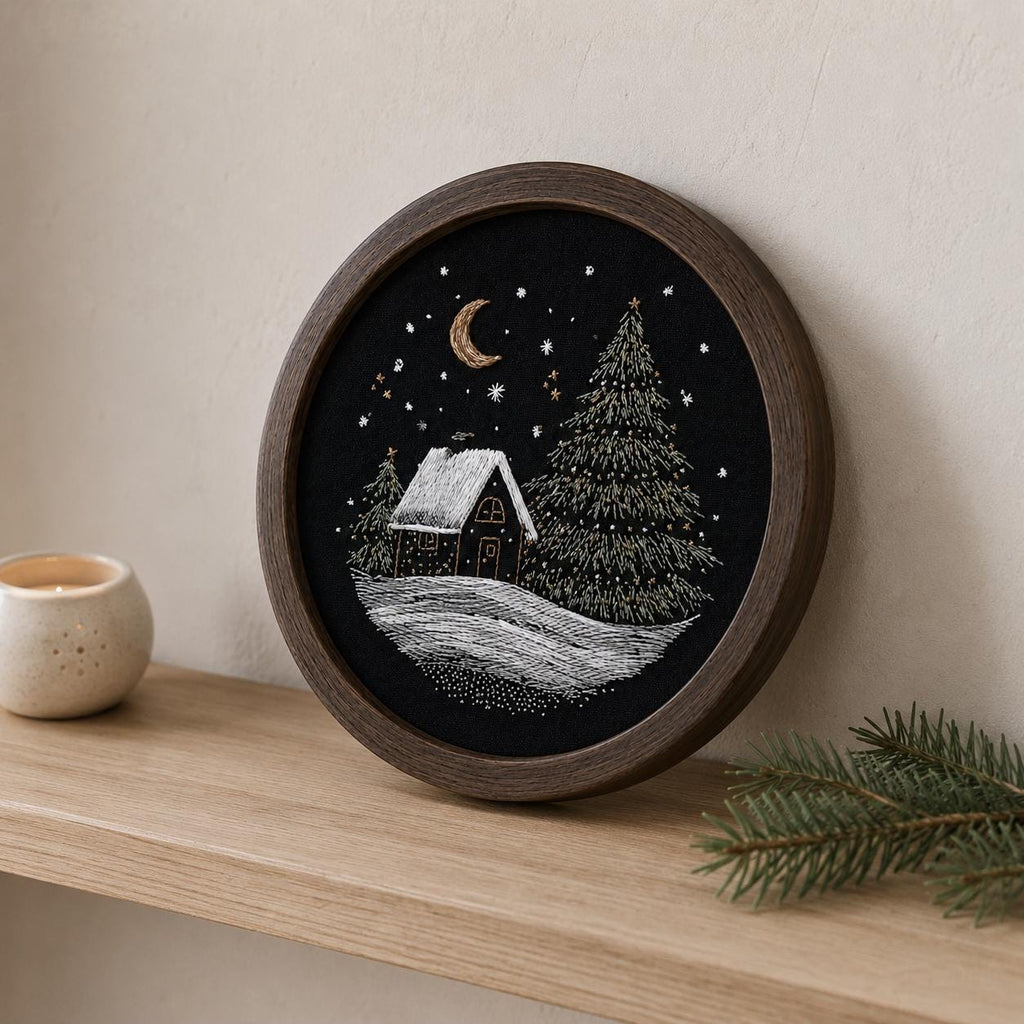 Winter Cabin Embroidery Kit, Snowy Forest Night Scene, Beginner DIY Needlework (20cm)