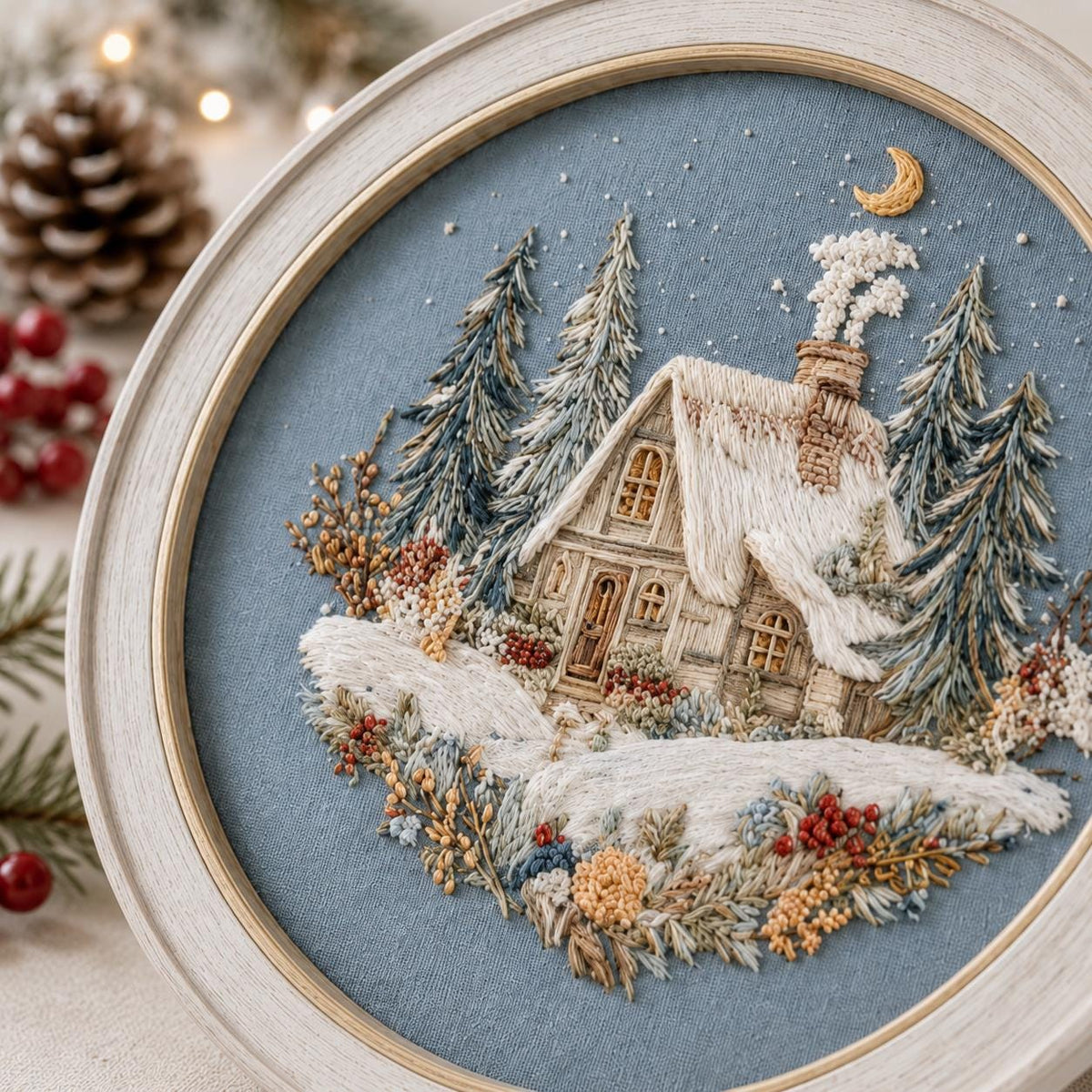 Winter Cottage Embroidery Kit, 20 cm Snowy Cabin Hoop Art (Beginner Friendly)