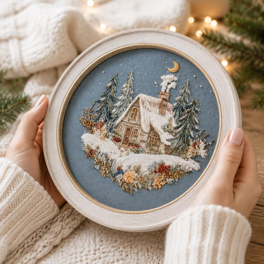 Winter Cottage Embroidery Kit, 20 cm Snowy Cabin Hoop Art (Beginner Friendly)