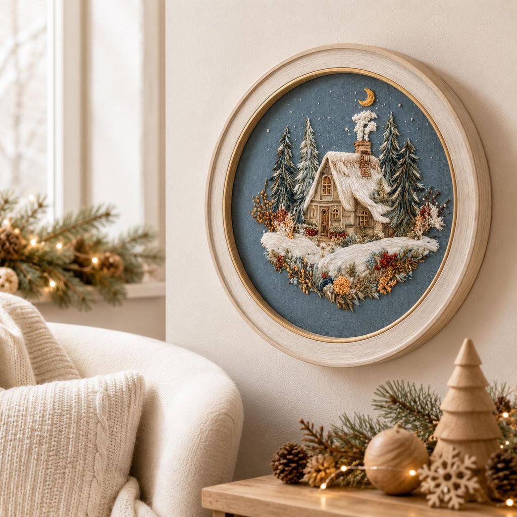 Winter Cottage Embroidery Kit, 20 cm Snowy Cabin Hoop Art (Beginner Friendly)
