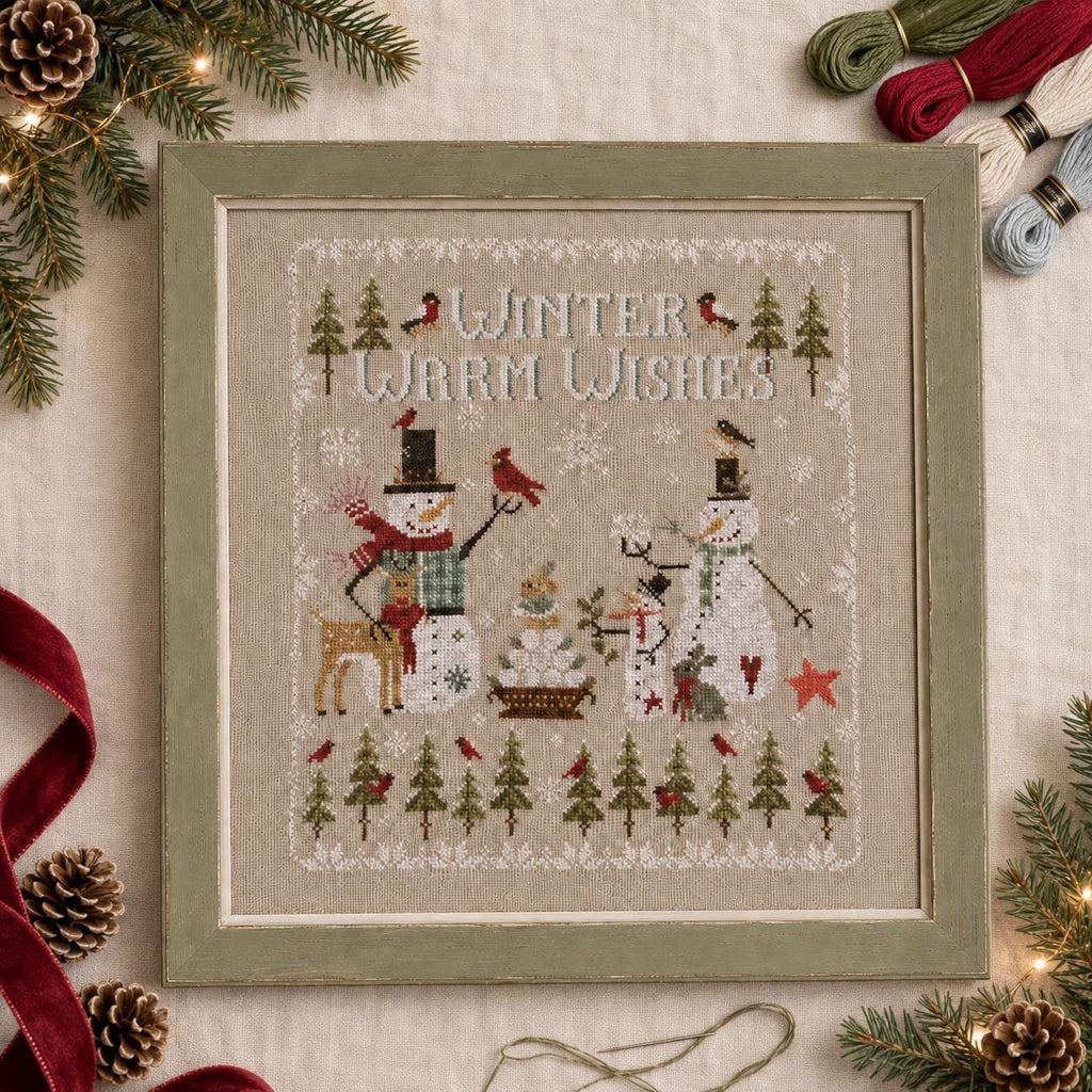 Stamped Winter Cross Stitch Kit, 28CT Pre-Printed Canvas, Snowmen and Reindeer Christmas Sampler, 37 x 40 cm Needlework Set