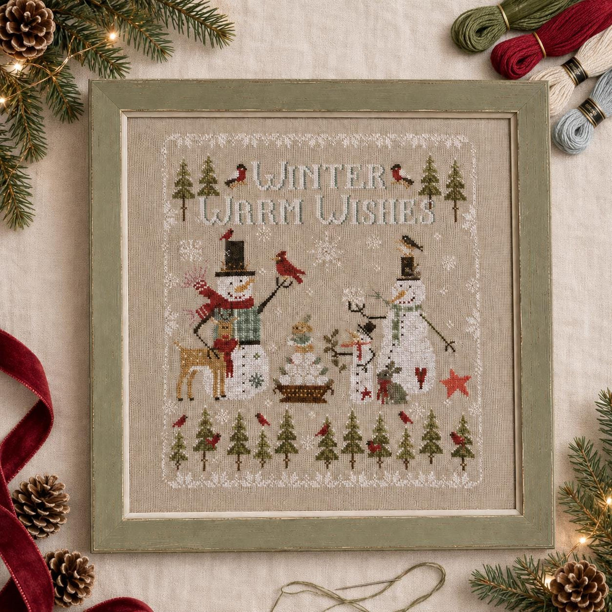 Stamped Winter Cross Stitch Kit, 28CT Pre-Printed Canvas, Snowmen and Reindeer Christmas Sampler, 37 x 40 cm Needlework Set