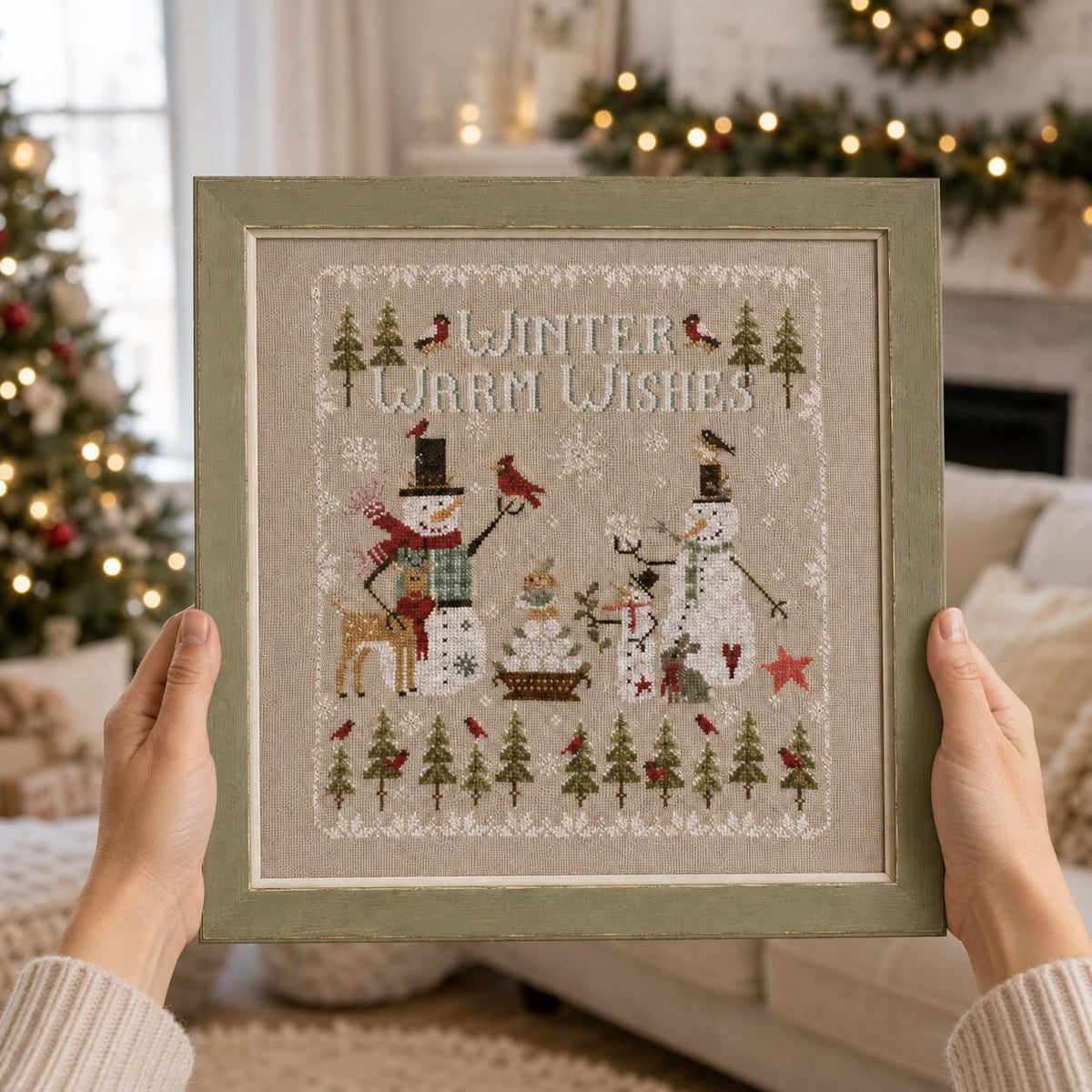 Stamped Winter Cross Stitch Kit, 28CT Pre-Printed Canvas, Snowmen and Reindeer Christmas Sampler, 37 x 40 cm Needlework Set