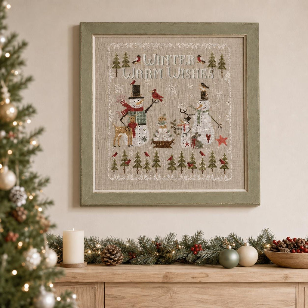 Stamped Winter Cross Stitch Kit, 28CT Pre-Printed Canvas, Snowmen and Reindeer Christmas Sampler, 37 x 40 cm Needlework Set