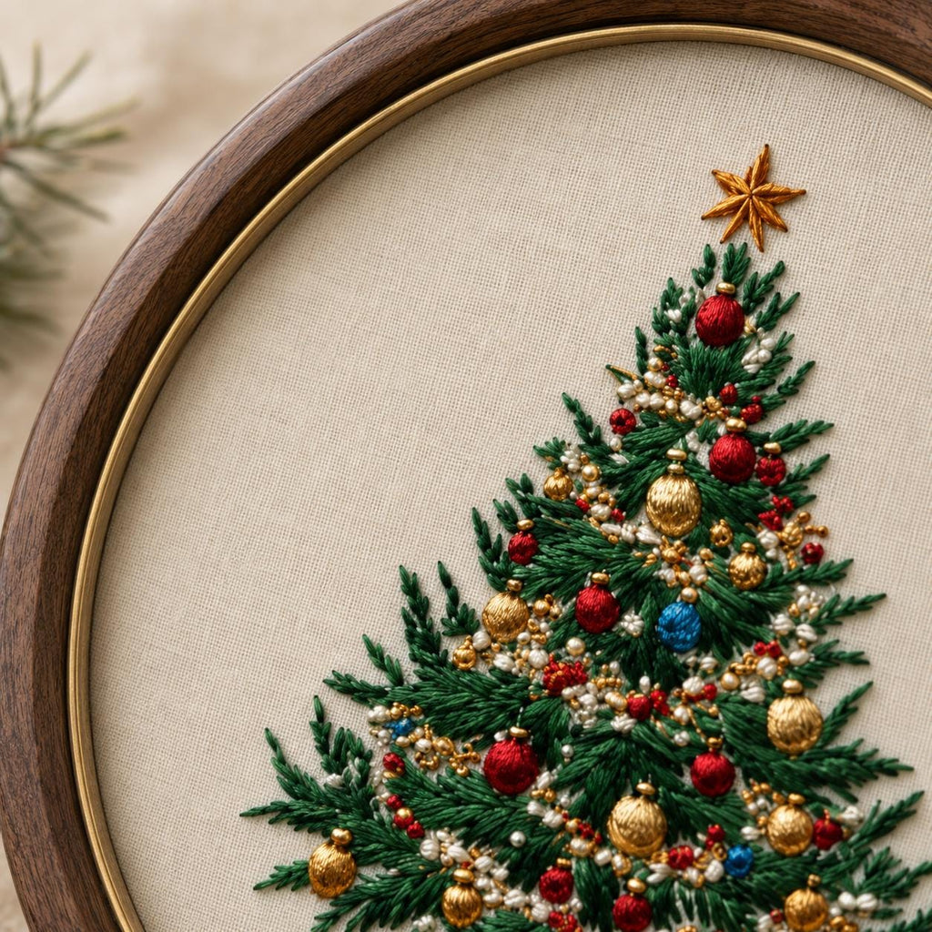 Christmas Tree Hand Embroidery Kit, 15 cm Beginner DIY Needlework Set with Hoop, Holiday Craft Gift for Adults