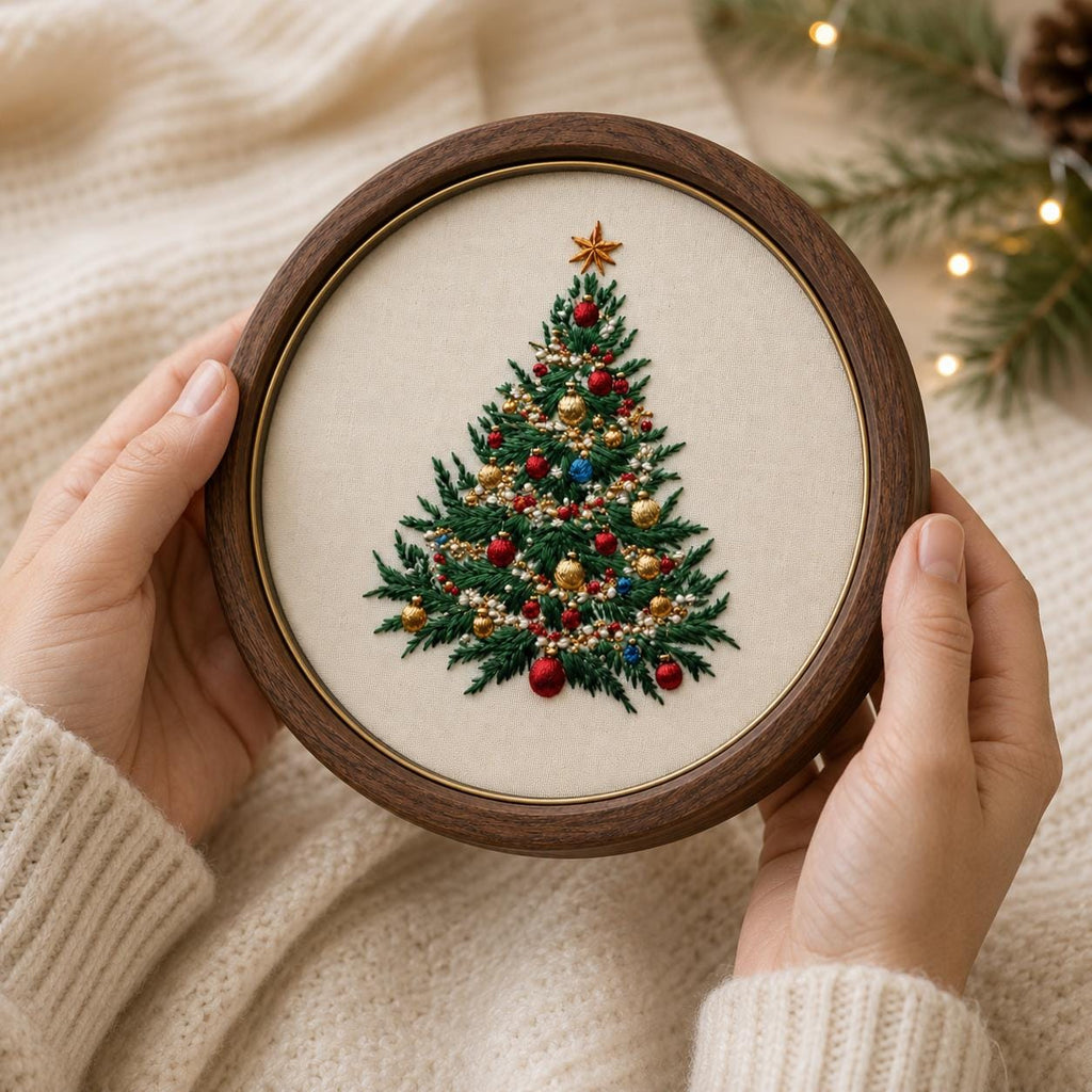 Christmas Tree Hand Embroidery Kit, 15 cm Beginner DIY Needlework Set with Hoop, Holiday Craft Gift for Adults