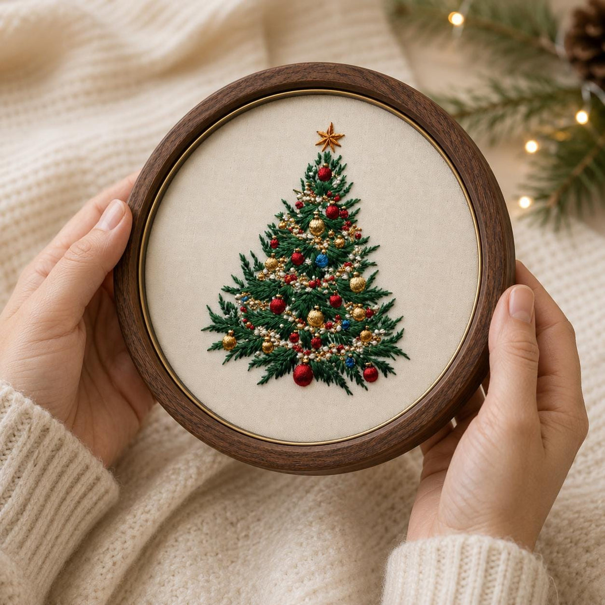 Christmas Tree Hand Embroidery Kit, 15 cm Beginner DIY Needlework Set with Hoop, Holiday Craft Gift for Adults