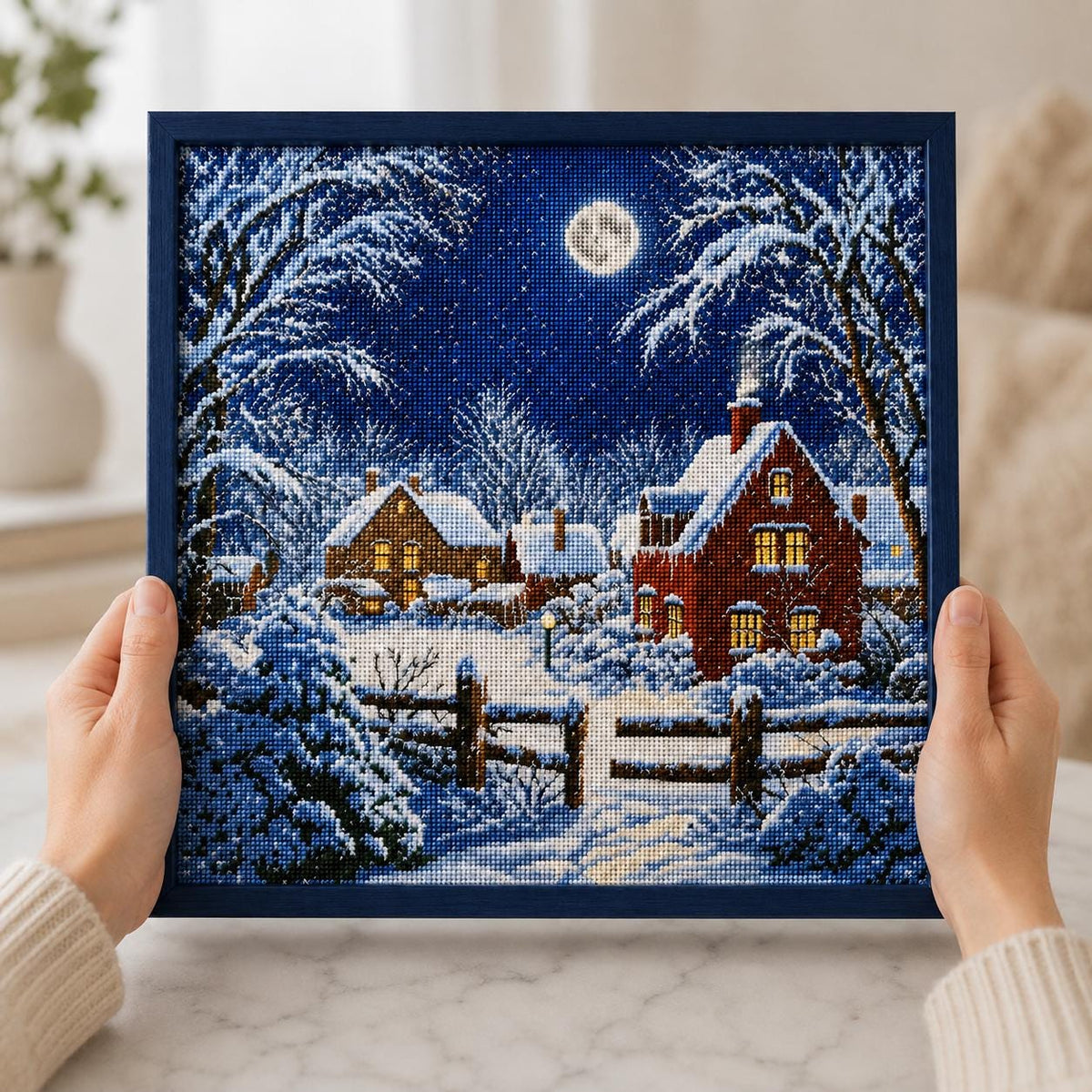 Stamped Winter Village Cross Stitch Kit, 14CT Printed Canvas, 40 x 40 cm Christmas Cottage Needlework for Adults