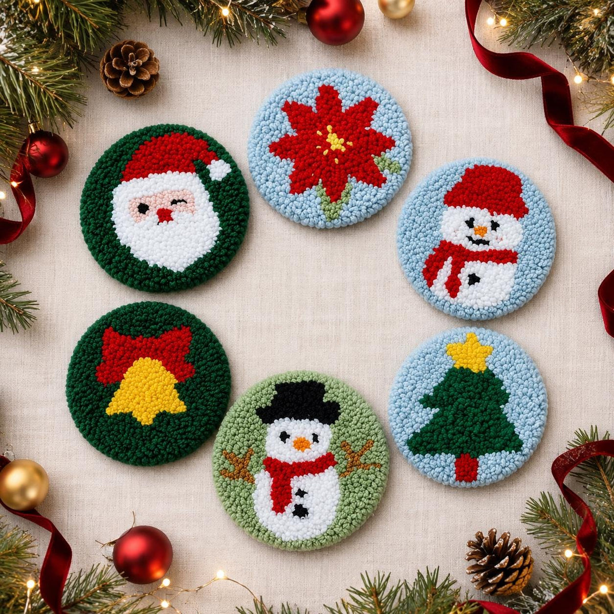 Christmas Punch Needle Coaster Kit, Set of 6 Festive DIY Mug Rugs, Beginner Holiday Craft Kit and Creative Gift for Adults