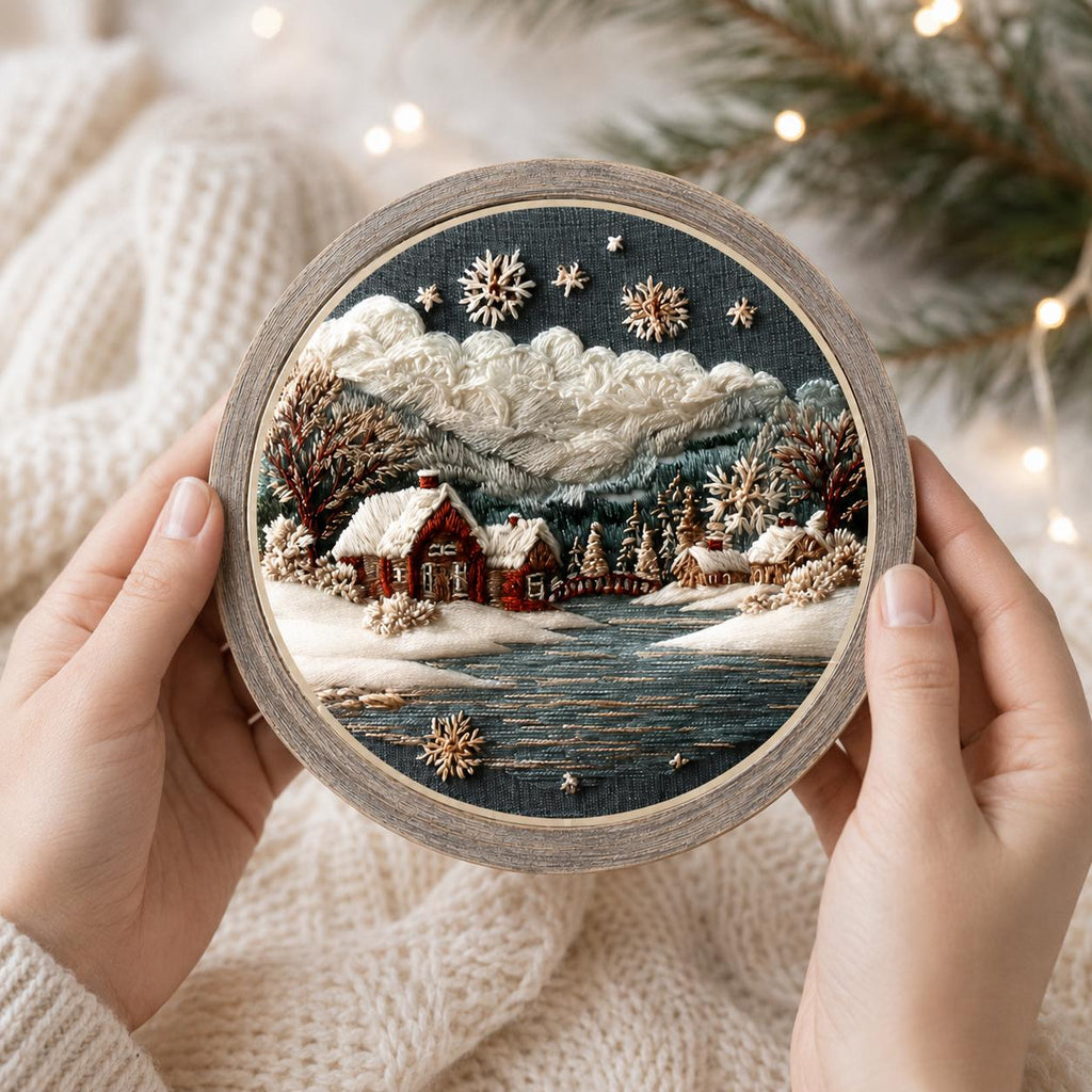 Winter Cottage Embroidery Kit, 20 cm Snowy Landscape Hoop Art (DIY Needlework)