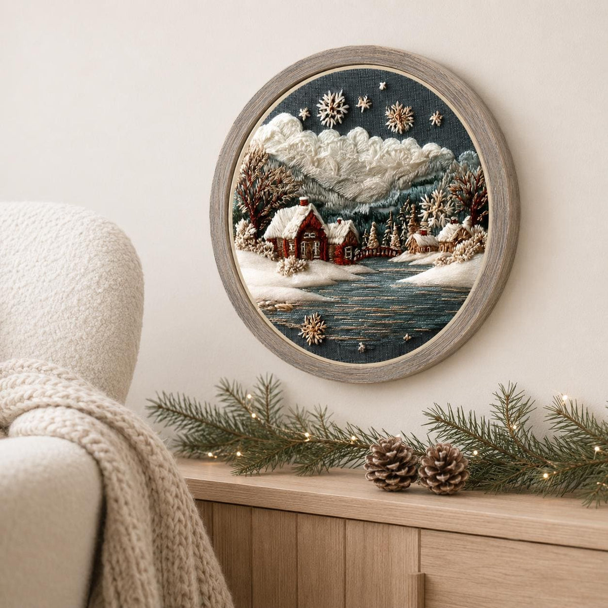 Winter Cottage Embroidery Kit, 20 cm Snowy Landscape Hoop Art (DIY Needlework)