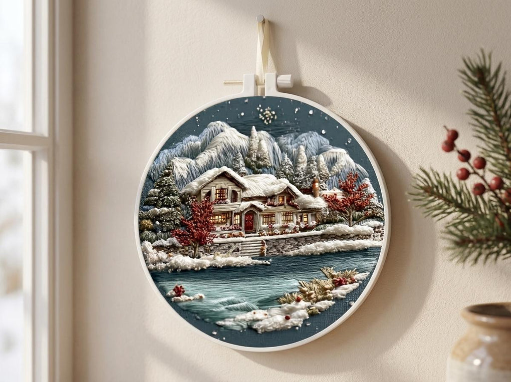 Winter Cottage Embroidery Kit, 20 cm Snowy Landscape Hand Embroidery Set with Hoop, Christmas Needlework Gift for Adults