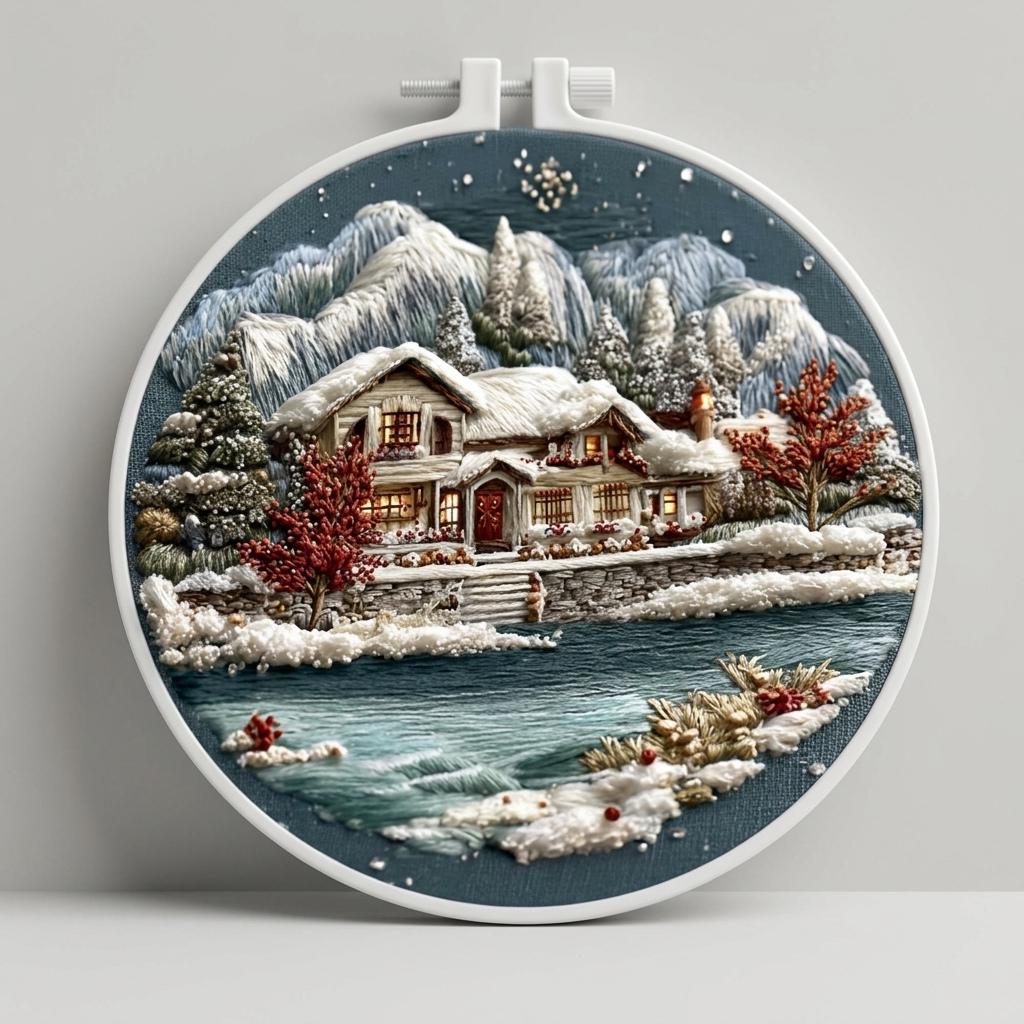 Winter Cottage Embroidery Kit, 20 cm Snowy Landscape Hand Embroidery Set with Hoop, Christmas Needlework Gift for Adults